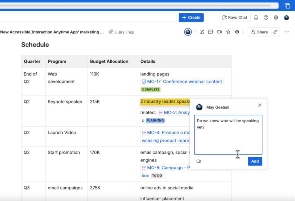 Atlassian Cloud Kollabration, Live-dokument Confluence mit Inline-Kommentaren